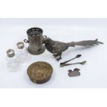 A group of silver plate, EPNS, EP to include: model of a pheasant, small condiment bottle holder,