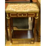 A reproduction Louis XV marble topped side table, having galleried top, single drawer, ormolu detail