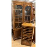 Oak roll front filing cabinet fitted nine internal small drawers and a 1930's oak bureau bookcase