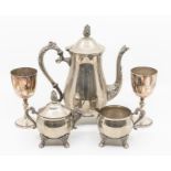A Victorian style three piece plated tea set together with two plated goblets (5)
