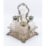 A Sheffield Georgian style Electro Plated square shaped cruet stand and four piece condiment set,