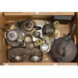 Collection of silver plate brass wares, cast kettle, tray, goblets, cased silver plate etc