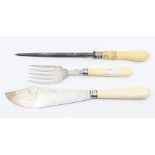 A pair of Edwardian silver engraved fish servers, bone handles, the blade, tine and collars