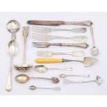 A group of silver flatware to include:  George III spade shaped cheese (stilton) server / scoop,