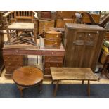 A collection of furniture comprising: an early to mid  20th Century pedestal desk, lowboy, linen