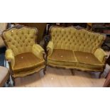 A reproduction Louis XV style French two-seater sofa and single chair, having a mahogany body with