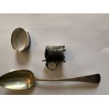 A Georgian tablespoon, Tho. Wallis, London 1802 together with a silver napkin ring and a mustard pot
