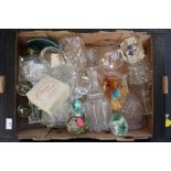 Two boxes of mixed glass including decanters and paperweights