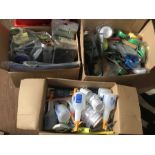 Three boxes of assorted garden related products to include hose pipe attachments, trimmer wire, hand