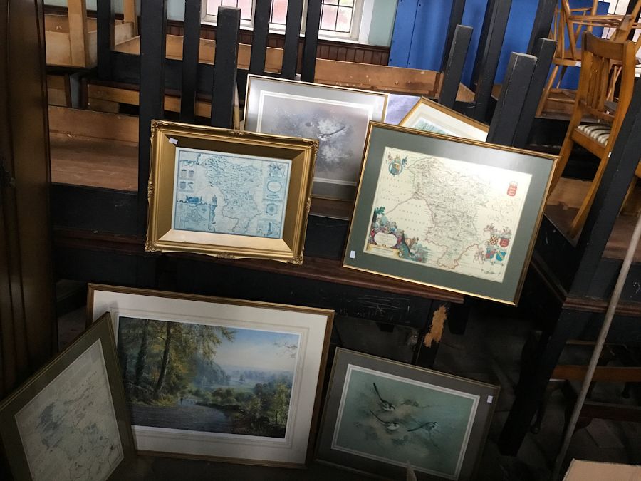 A selection of framed prints to include a nice coloured print of a 1648 map of Derbyshire behind non