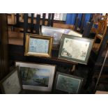 A selection of framed prints to include a nice coloured print of a 1648 map of Derbyshire behind non