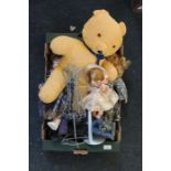 Box of teddy bears, dolls and clown