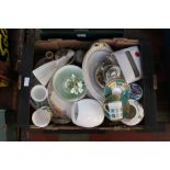 Three boxes of assorted china including florally printed wares together with a Lladro style