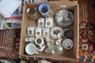 Box comprising various crested china, including a good Goss Huddersfield watering can, various