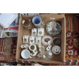 Box comprising various crested china, including a good Goss Huddersfield watering can, various