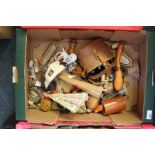 4 boxes of silver topped brushes, binoculars, fans and small wicker baskets