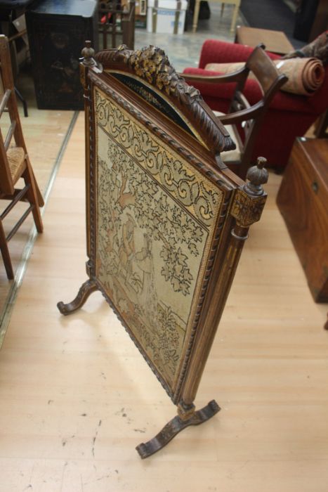 A Victorian firescreen, silk back panel, the front with cross-stitch and tapestry scene depicting - Image 4 of 5