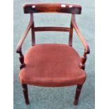 A good late George III mahogany open arm chair with reeded swept arm rests, tablow top rail, stuffed