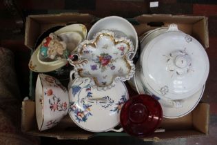 Two large boxes of various ceramics including Pendelfin rabbits, a pretty German porcelain bon bon