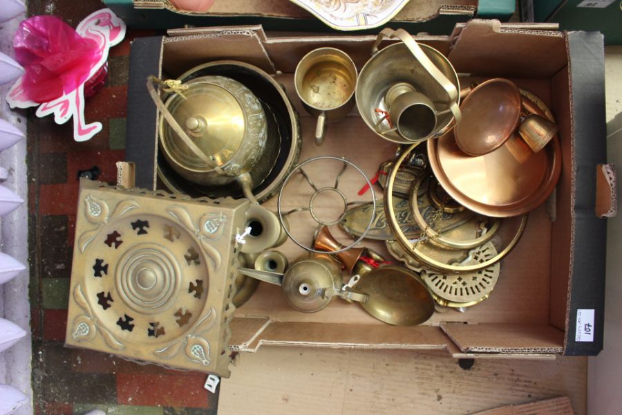 A collection of various brass ware including Turkish style lamp trivet stand, various copper,