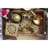 A collection of various brass ware including Turkish style lamp trivet stand, various copper,