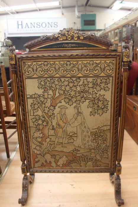 A Victorian firescreen, silk back panel, the front with cross-stitch and tapestry scene depicting - Image 2 of 5