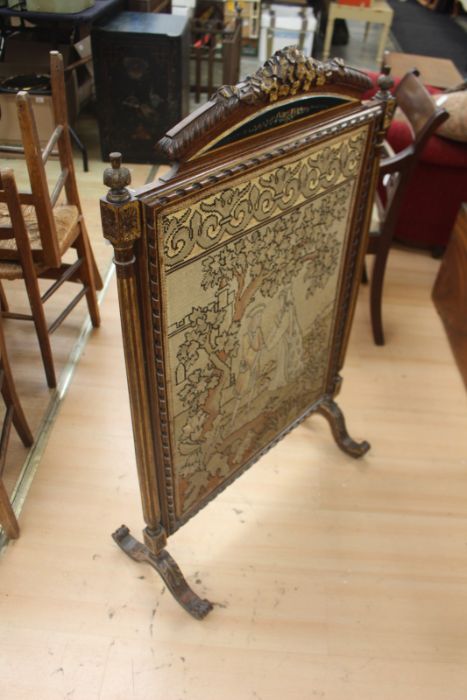 A Victorian firescreen, silk back panel, the front with cross-stitch and tapestry scene depicting - Image 3 of 5