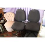 A good pair of office swivel black chairs and a button back bedroom chair in pink (3)