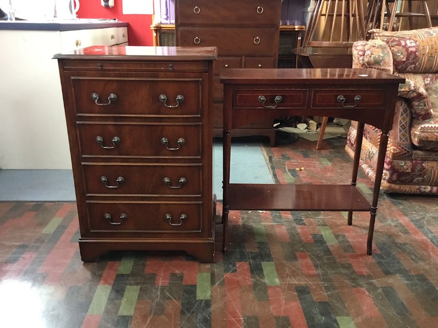 A 'Period Furniture Ltd' music cabinet with lift up top, the front door opening to reveal 2 shelves,