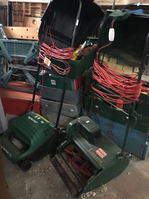 An ATCO Consort 14 British made electric lawnmower with propelling action with grass box  along with