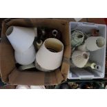 Two large boxes of various pottery table lamps including shades, mainly pottery of stylish outline