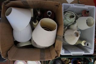 Two large boxes of various pottery table lamps including shades, mainly pottery of stylish outline