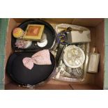 Quantity of costume jewellery including pocket watch, perfume bottles, letter racks etc (2 boxes)