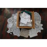 A good collection of various crochet work, doilies, country house interest, in large basket square