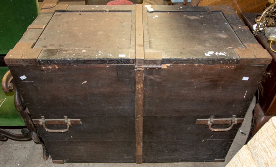 19th Century silver chest with cast iron locks, banding solid oak with carry handles, 110 x 84cms