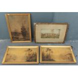A selection of gilt framed works, comprising a pair of crude early 20th century oli on canvas of