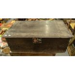 An 18th century oak storage box, the top with moulded edge, metal lock and hinges, the underside