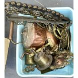 A box of brass and copper including mirrored wall sconce, wee willie winky candle sticks, piano