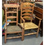 Four 19th century oak seats, ladder backs all with differing sizes and designs