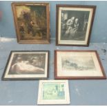 A selection of framed works, including a painted print, photo graph and drawing (5)