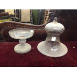 One large glass cloche and one glass stand