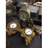 Five interesting clocks, one West German ceramic, one carved wooden clock in the form of a dog and