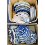 Two boxes of transfer printed ware including plates and various other items.