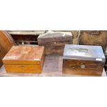 One pine writing box, one mahogany box with brass handle to the lid and on tea caddy in a