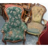 Two victorian nursing chairs, both with balloon button back, one with arms - both a/f