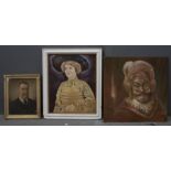 Three painted portraits, one a framed print, one oil on board, the other oil on canvas. All of