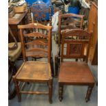 Two victorian mahogany hall chairs, together with two country kitchen chairs. ladder back, one