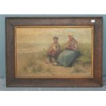 A 19th century english school, a mother and son by the sea, oil on canvas signed bottom right 54cm x