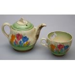 A Clarice Cliff Royal Staffordshire Crocus pattern bachelors tea pot and cover, 12cm together with a