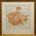 M Peile (British 1907-1983) Czech guitarist, crayon on paper, signed lower left 1944, framed, 34 x